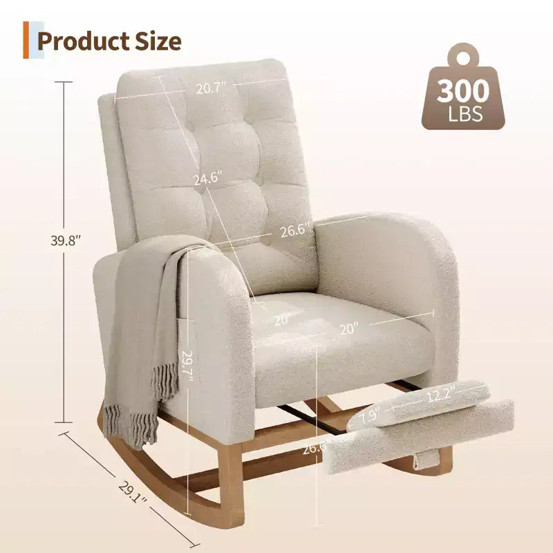 2026 Sillón mecedora deslizante tapizado con bolsillo lateral, estructura de madera, 1 plaza