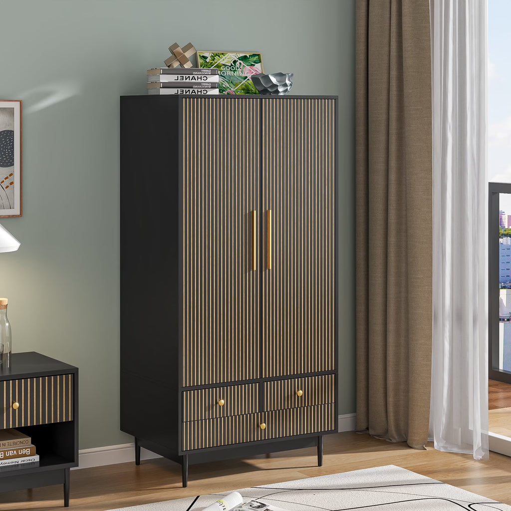 2026 NewArmoire Wardrobe Closet with 2 Doors, Wardrobe Cabinet with Hanging Rod and Drawers, Wooden Closet for Bedroom, White