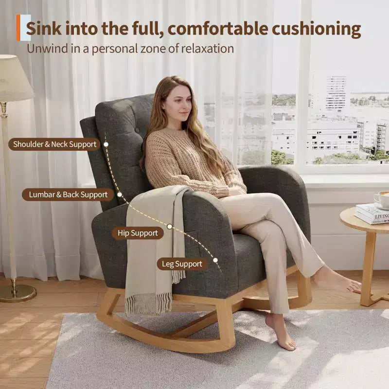 2026 Sillón mecedora deslizante tapizado con bolsillo lateral, estructura de madera, 1 plaza