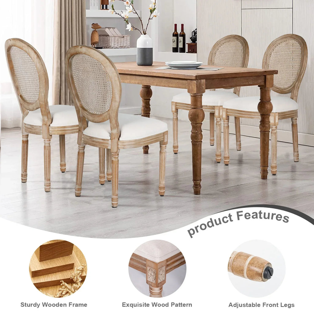 2026 NewFrench Dining Chairs Set of 2 Beige Natural Fabric Round Back with Solid Wood Legs and Frame for Bedroom Dining Room Kitchen