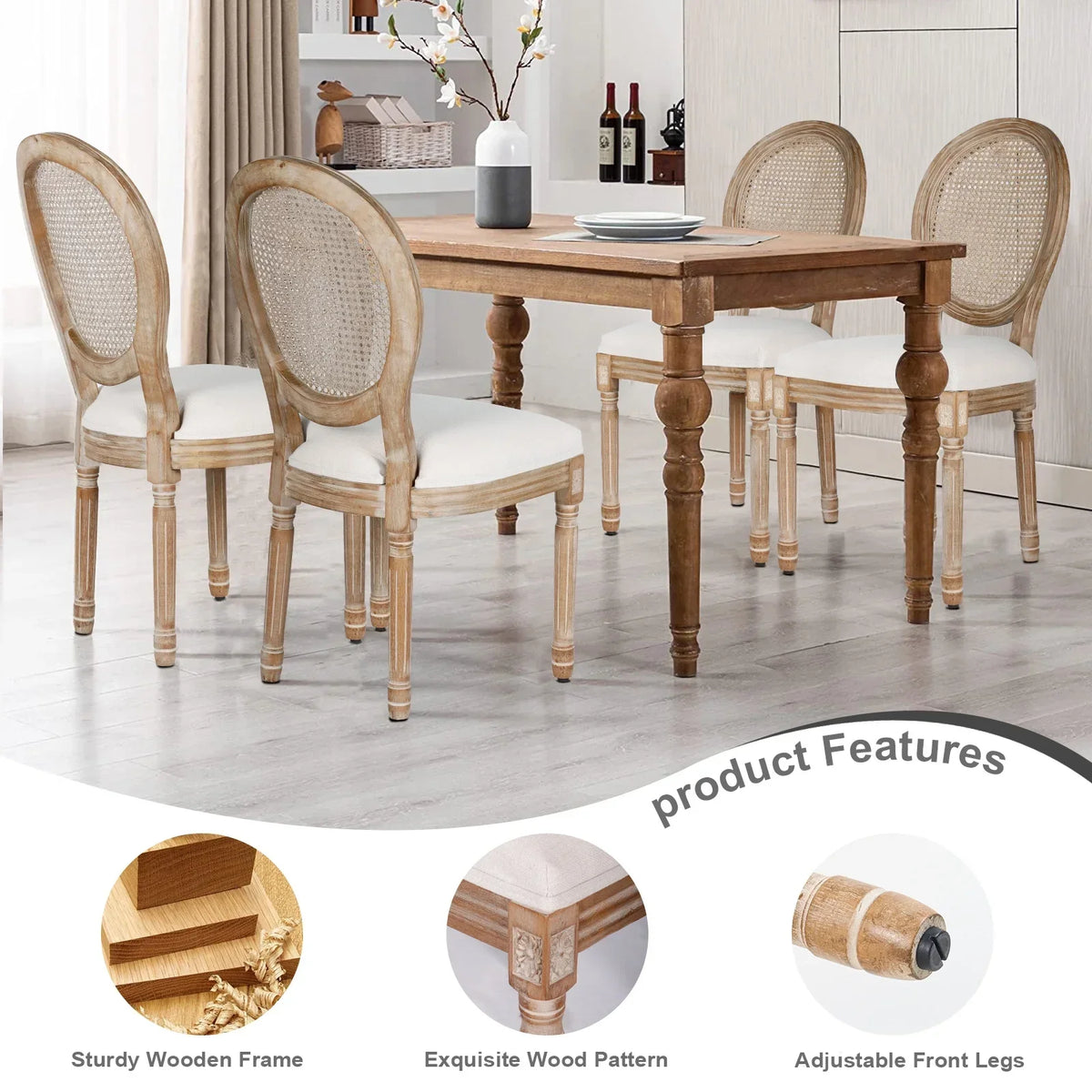 2026 NewFrench Dining Chairs Set of 2 Beige Natural Fabric Round Back with Solid Wood Legs and Frame for Bedroom Dining Room Kitchen