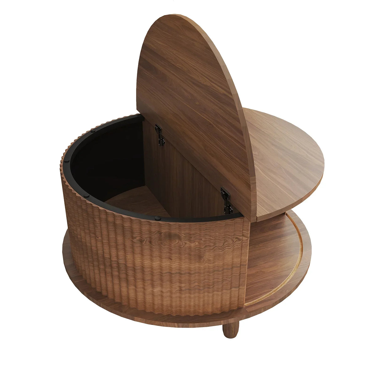2026 NewRUMLIVE Round Coffee Table with Storage, 30.7" Modern Coffee Table with 360" Curved Sliding Door, Fluted Wood Coffee Table with Footpads, Round Center Table for Living Room, Black