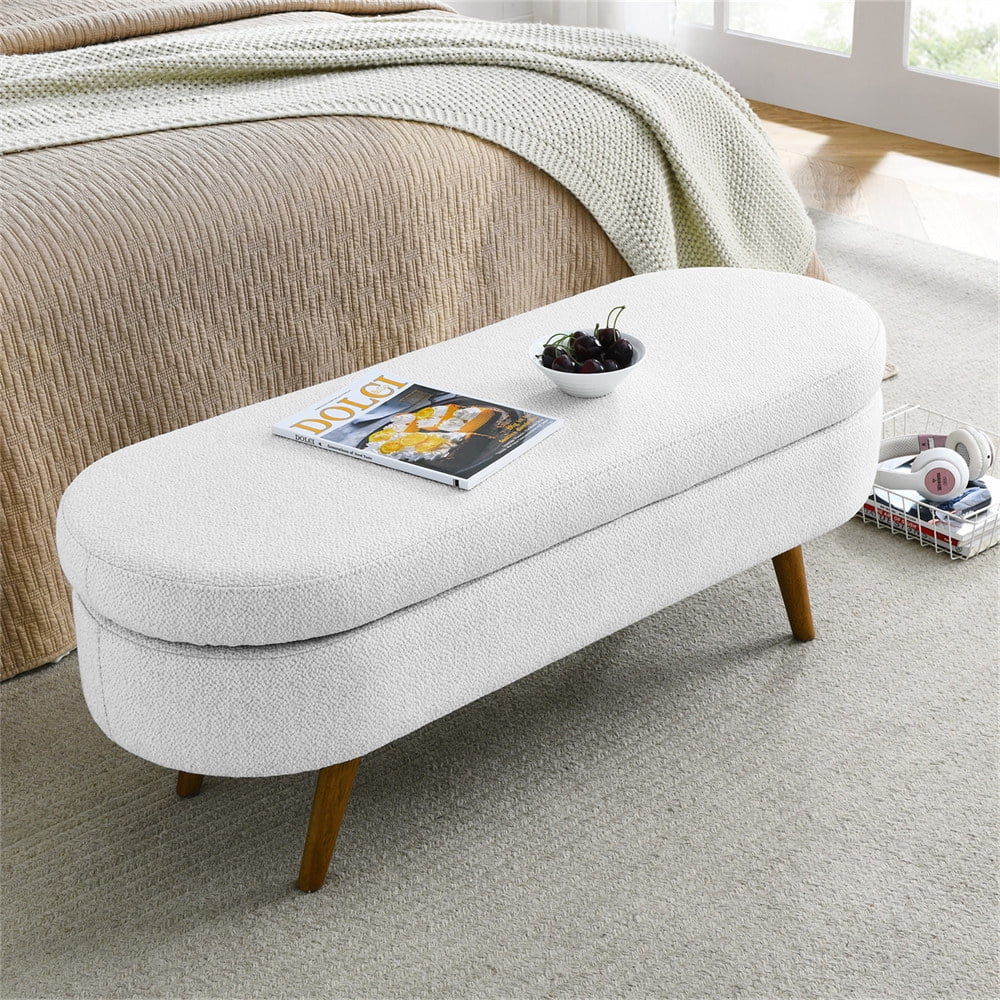 2026 New43.5" Oval Storage Ottoman Bench with Solid Wood Legs, Linen Fabric Upholstered Entryway Bench with Safety Hinge, Indoor Bench for End of Bed, Sofa Side, Entryway