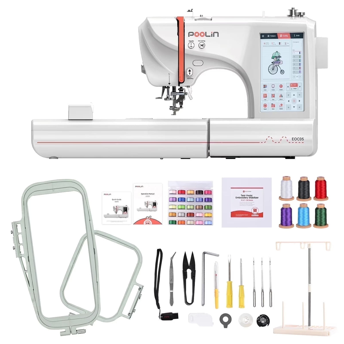 2026 NewPoolin EOC05 Embroidery Machine 4x9.25" Area, 7" Touch Screen with kit