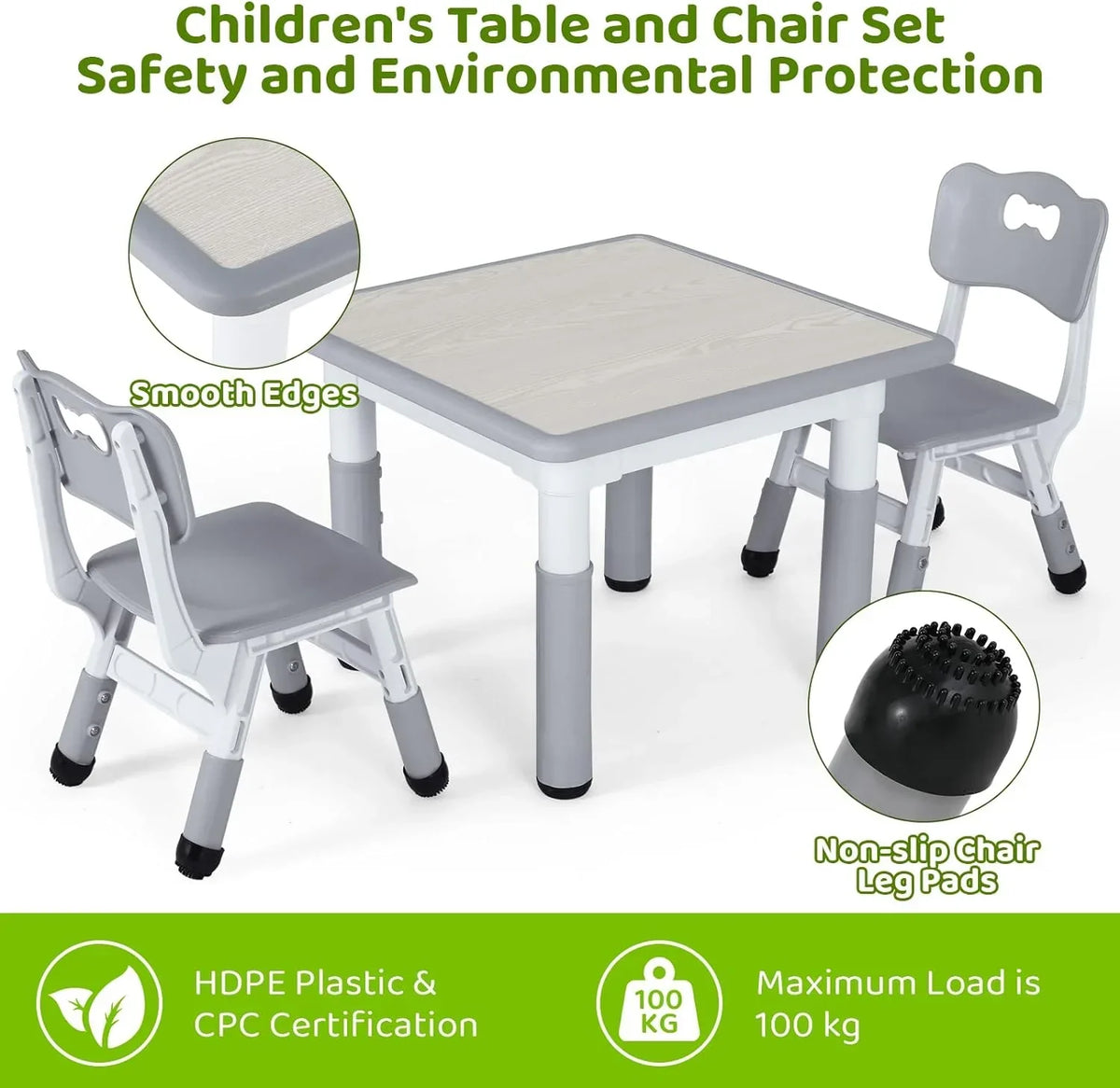 2026 NewArlopu 5 Pcs Kids Table and Chairs Set, Height Adjustable, Toddlers Activity Table & 4 Chairs Set for Study, Grey