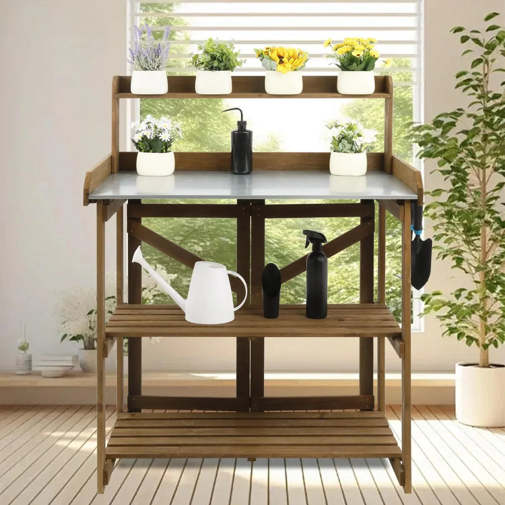2026 NewPETSCOSSET Outdoor Wooden Folding Potting Bench Table, Fir Wood Garden Workstation with Galvanized Tabletop, 2 Tier Storage Shelves, Brown