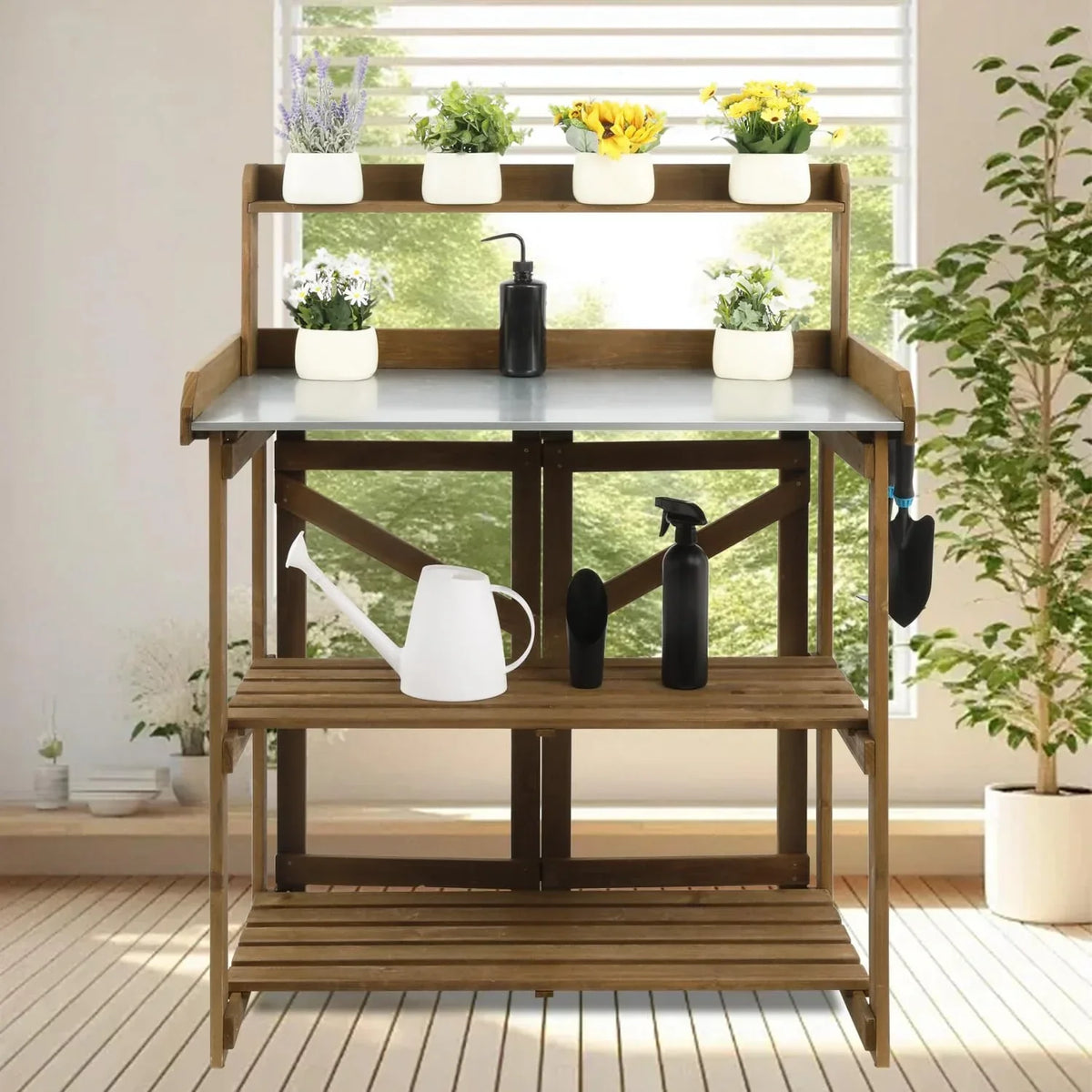 2026 NewPETSCOSSET Outdoor Wooden Folding Potting Bench Table, Fir Wood Garden Workstation with Galvanized Tabletop, 2 Tier Storage Shelves, Brown