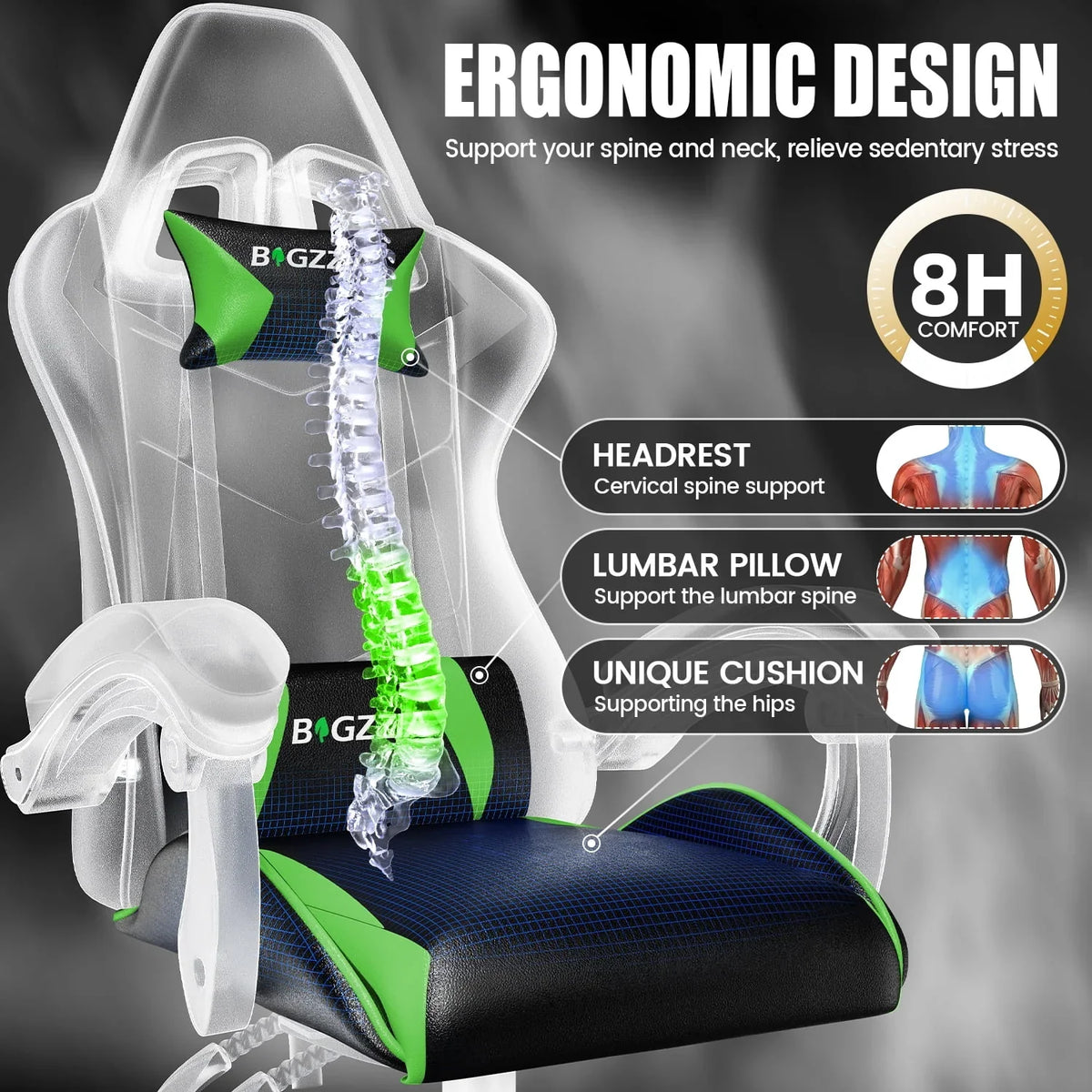 2026 NewBigzzia Gaming Chair Office Chair, Ergonomic Game Chair with Height Adjustable Headrest and Lumbar Support for Adults Teens, Black & White