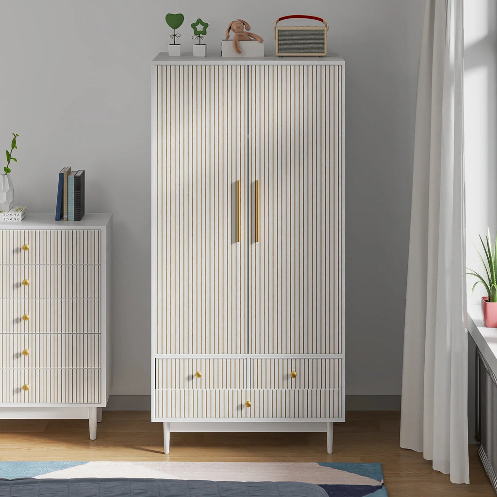 2026 NewOubayajia Wardrobe Armoire Closet, 2 Fluted Doors Wardrobe Cabinet with 3-Drawer and Hanging Rod, Wood Wardrobe Storage for Bedroom