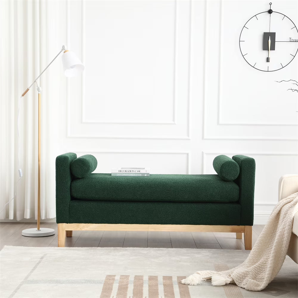 2026 New53.5"W Elegant Upholstered Bench with Wood Legs & Round Pillows,Comfy Boucle Fabric Footrest with Arms, Entryway Bench for End of Bed, Bedroom and Living Room, Ivory