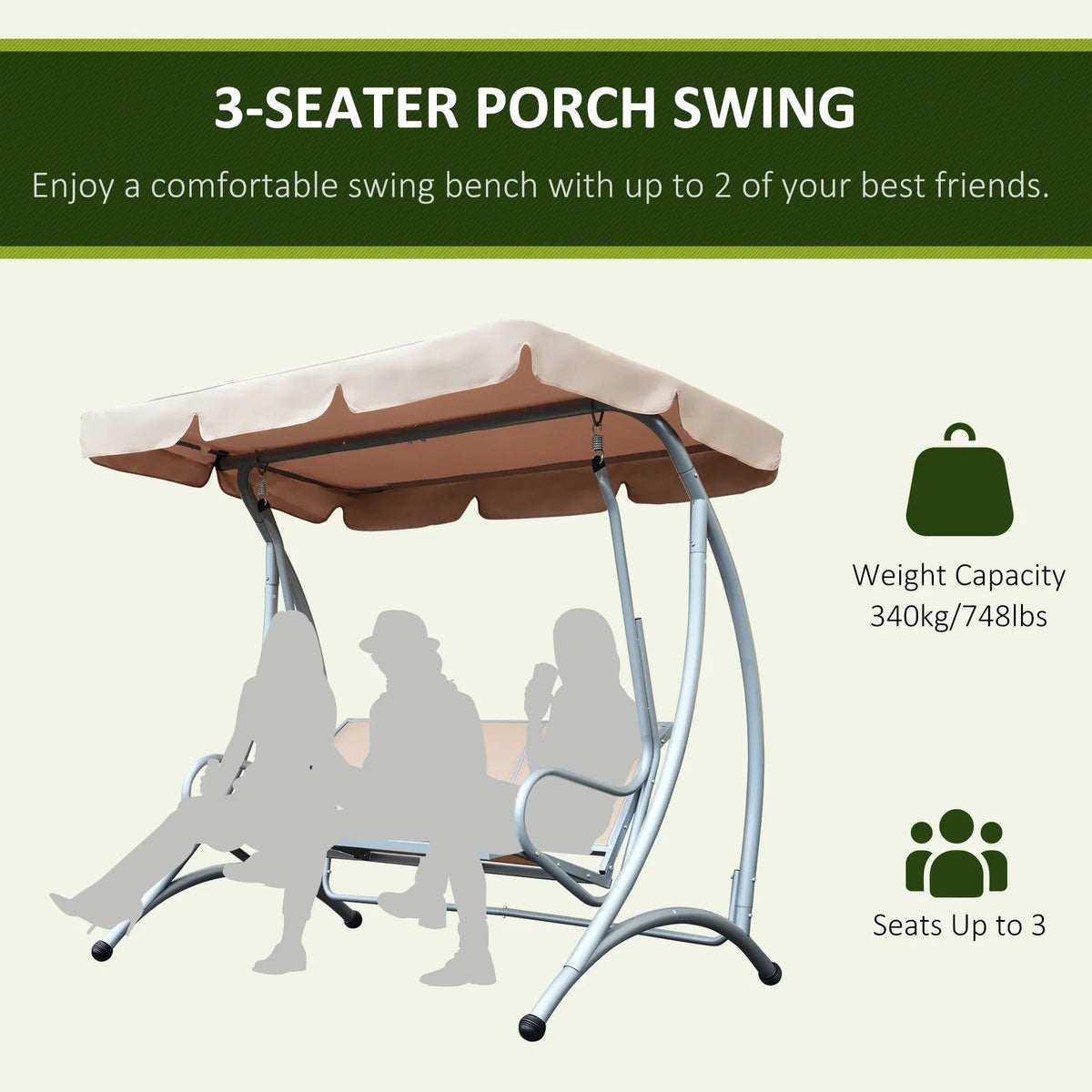 2026 NewOutsunny 3 Person Patio Swing Seats, Porch Swing with Stand & Adjustable Canopy, Heavy Duty Outdoor Swing Chair Bench for Adults, Black