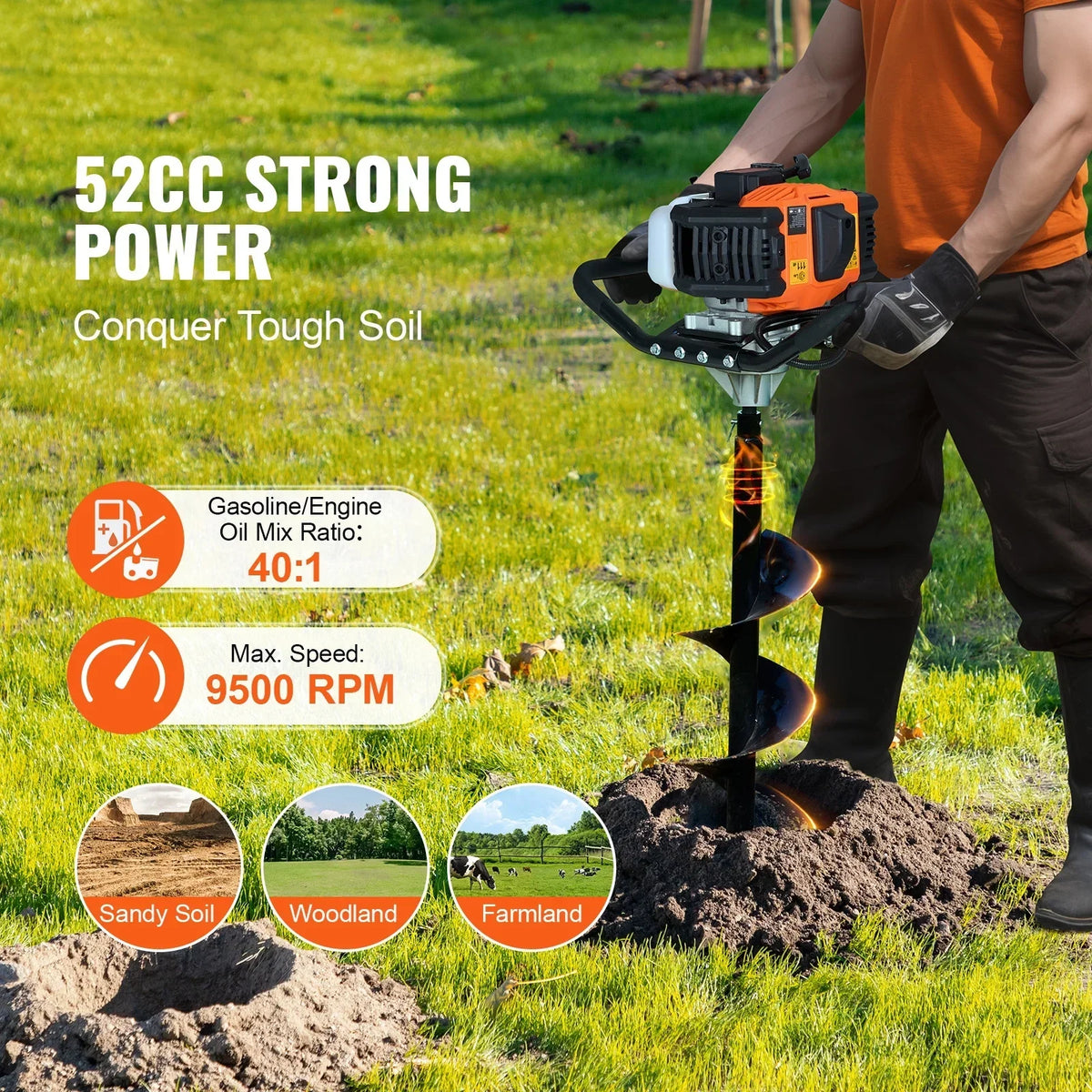 2026 NewKFFKFF Gas Earth Auger, 52CC 1450W, includes 8" Drill Bit & Extension Rod, Ideal for Garden, Farmland Fence Installation, Orange & Black