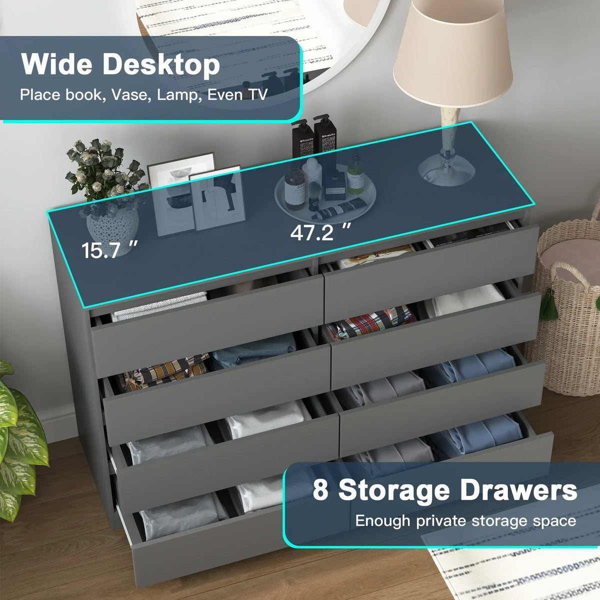 2026 NewResenkos Modern Mid Century 6 Drawer Wide Dressers Chests for Bedroom, Chest of Drawer Organizer Grey
