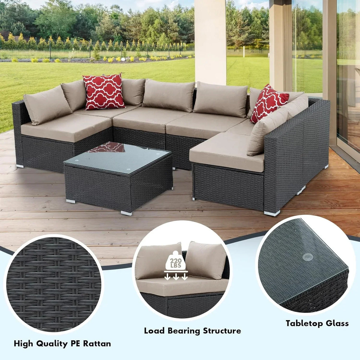 2026 New7 Piece Patio Furniture Sets Outdoor Sectional PE Rattan Outdoor Furniture Patio Conversation Set with Cushions and Glass Coffee Table, for Balcony Lawn and Garden, Gray