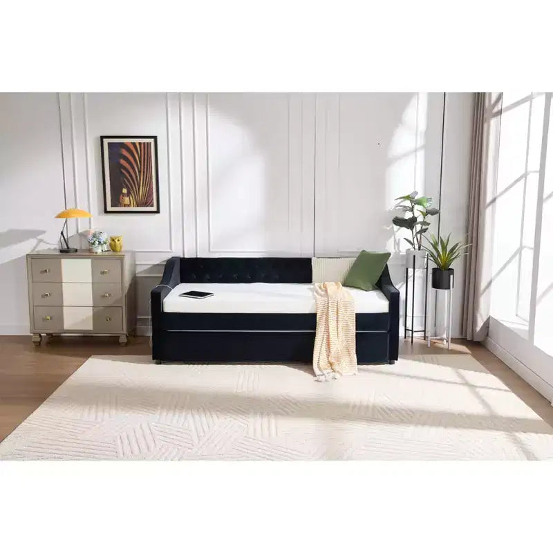 2026 Cama sofá Twin con cama nido, tapizada en terciopelo, puerto USB y bolsillos laterales - ModernLuxe