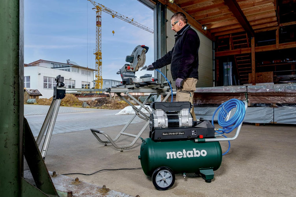 2026 Compresor silencioso Metabo Basic 270-50 OF, 50 L, 10 bar, 130 l/min, portátil y sin aceite para taller, con acoplamiento
