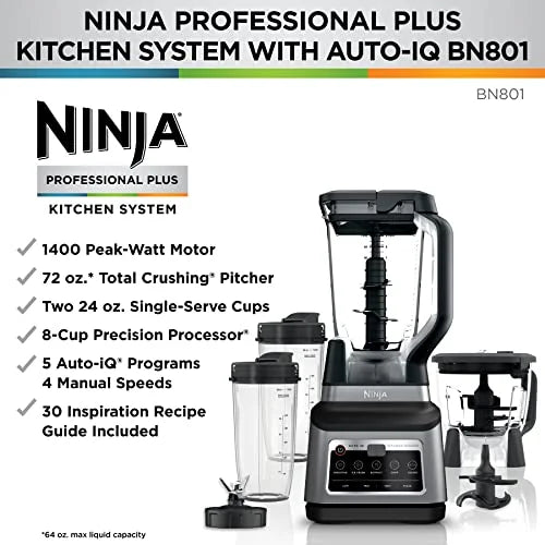 2026 NewNinja BN801 Professional Plus Kitchen System, 1400 WP, 5 Functions for Smoothies, Chopping, Dough & More with Auto IQ, 72-oz.* Blender Pitcher, 64-oz. Processor Bowl, (2) 24-oz. To-Go Cups, Grey