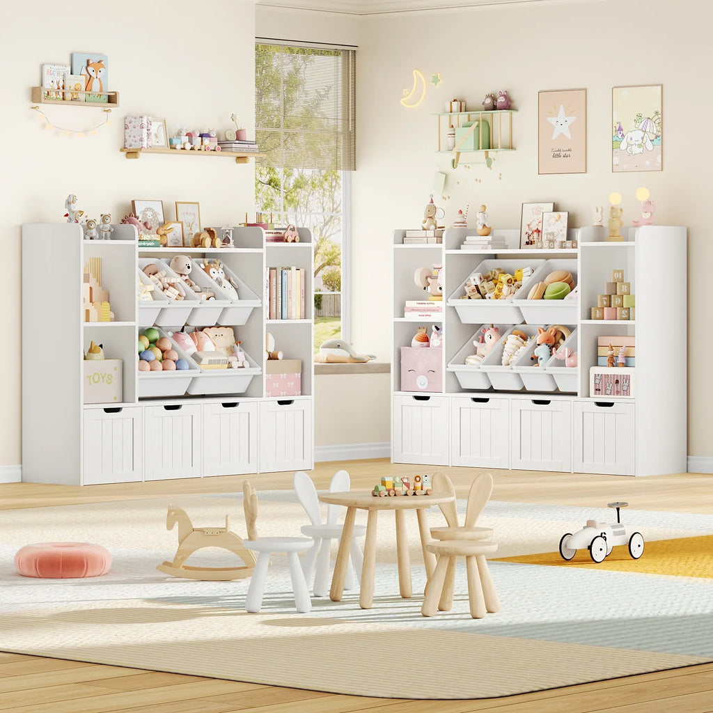 2026 NewHiphuta 3 Tier Kids Bookcase with Toy Storage Organizer, Wood Toy Organizer of 6 Boxes & 4 Removable Drawers, White