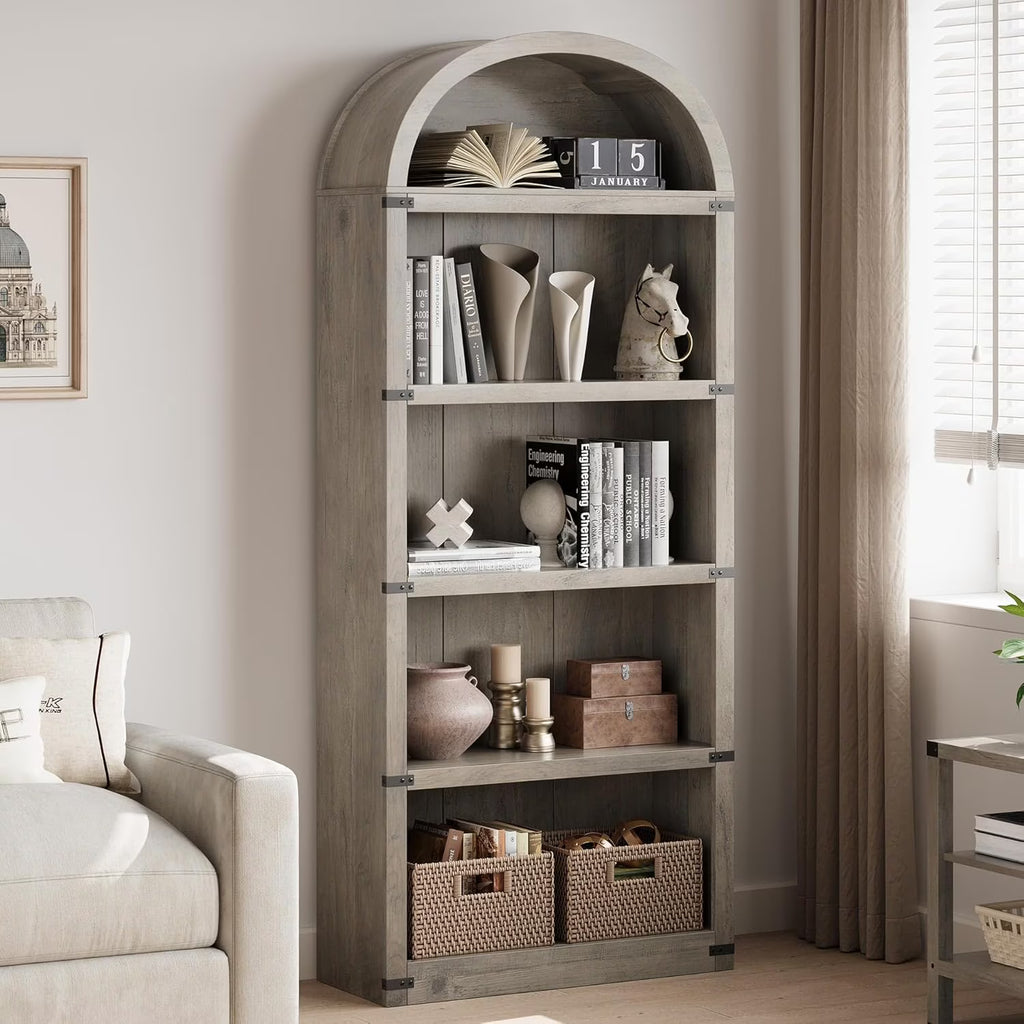 2026 NewBookcase 5 Shelf Arched Bookshelf 71.65in Tall Bookcase Farmhouse Display Storage Rack Wooden Bookshelves for Home Office, Living Room(white)