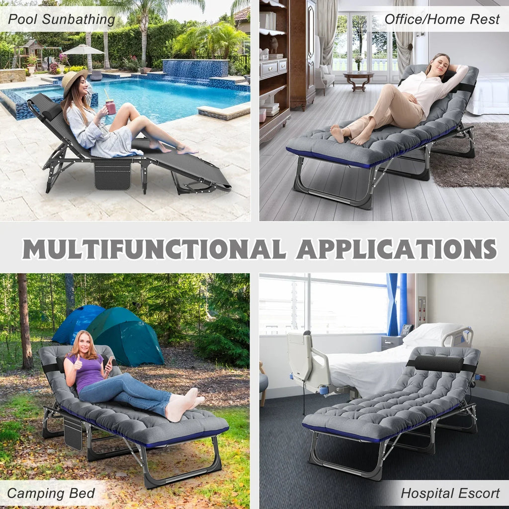 2026 NewMOPHOTO Lounge Chair with Mattress, Outdoor Chaise Lounge Support 440 Lbs, Adjustable Portable Heavy Duty Sleeping Cots Bed for Camping, Pool, Beach, Patio