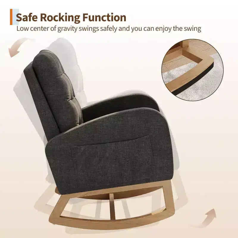 2026 Sillón mecedora deslizante tapizado con bolsillo lateral, estructura de madera, 1 plaza