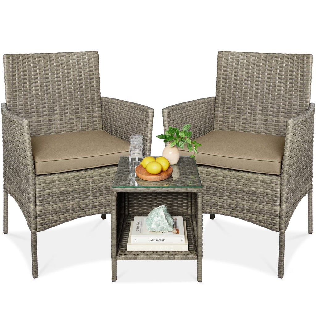 2026 NewBest Choice Products 3-Piece Outdoor Wicker Conversation Patio Bistro Set, w/ 2 Chairs, Table - Gray/Navy