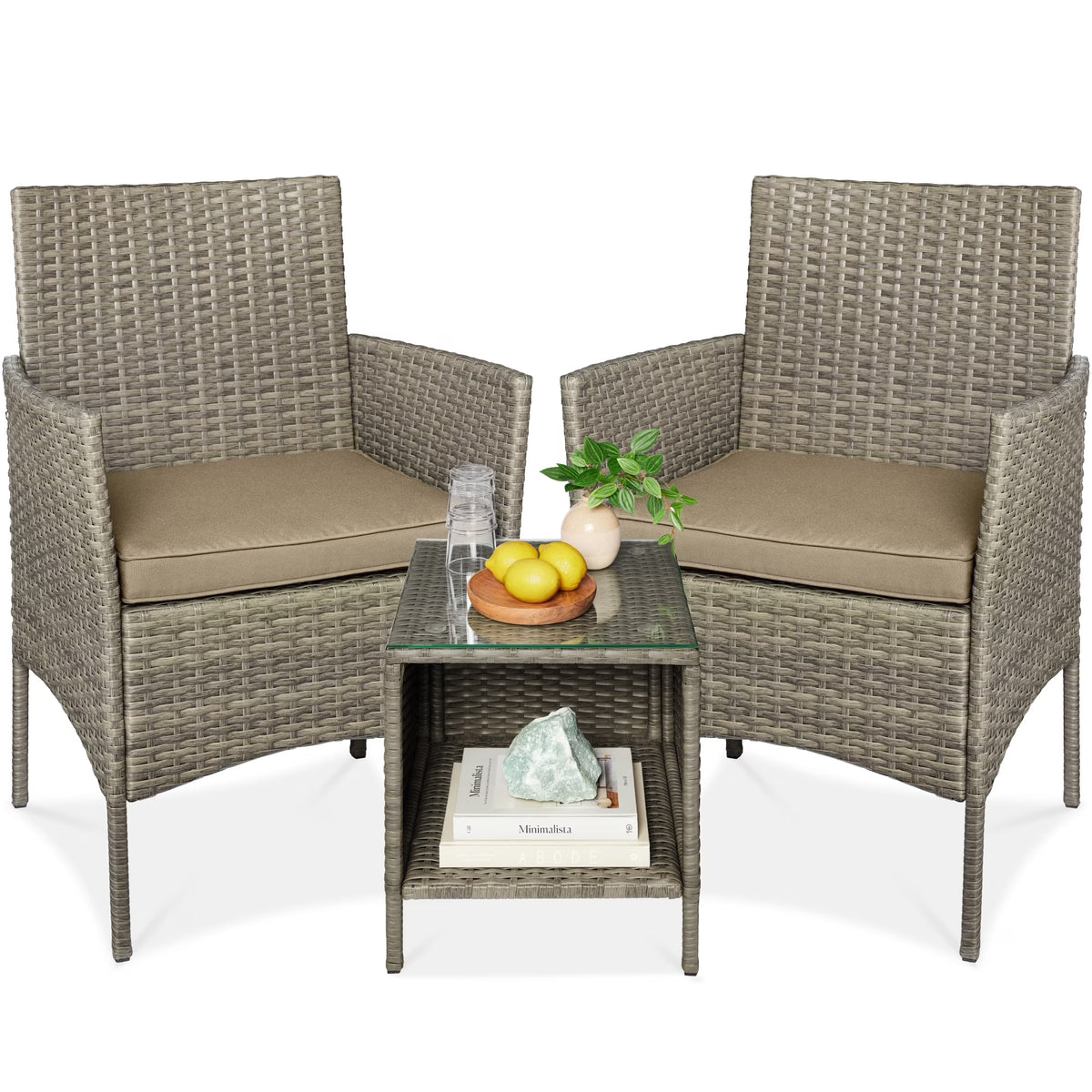 2026 NewBest Choice Products 3-Piece Outdoor Wicker Conversation Patio Bistro Set, w/ 2 Chairs, Table - Gray/Navy