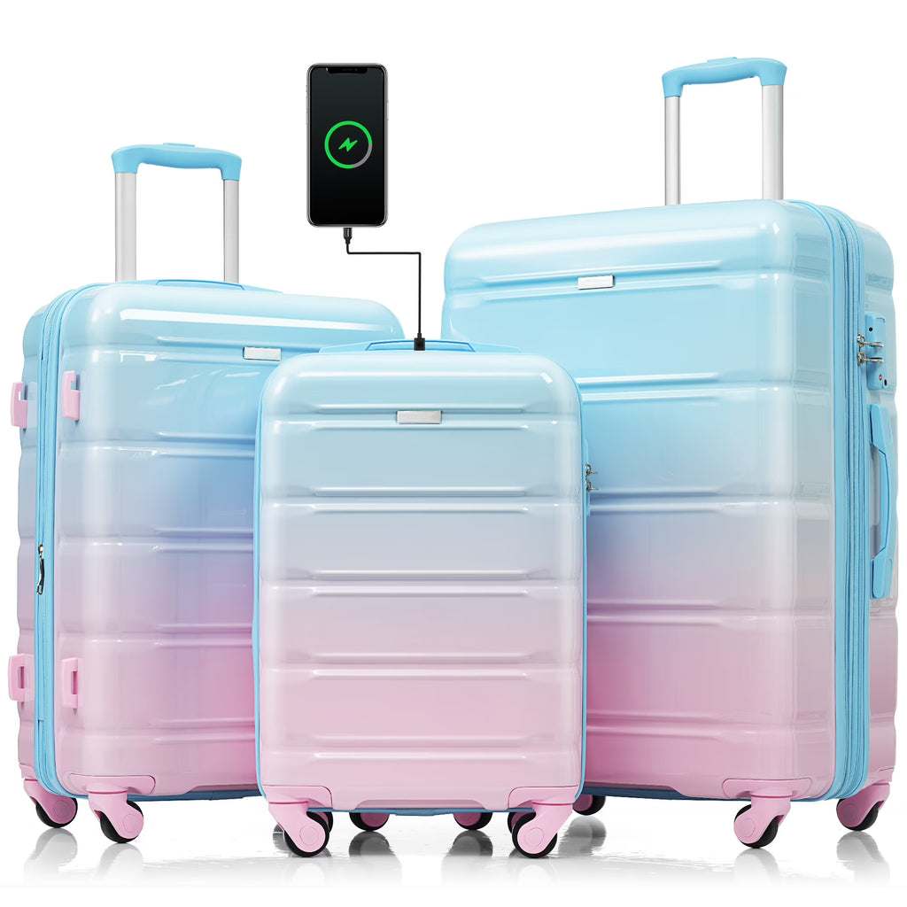 2026 NewPAPROOS 3-Piece Luggage Set (20''/24''/28''), Hardshell Lightweight Suitcase with USB Port and Side Hooks, Travel Luggage with TSA-Lock, Hardside Rolling Luggage for School, Travel, Pink