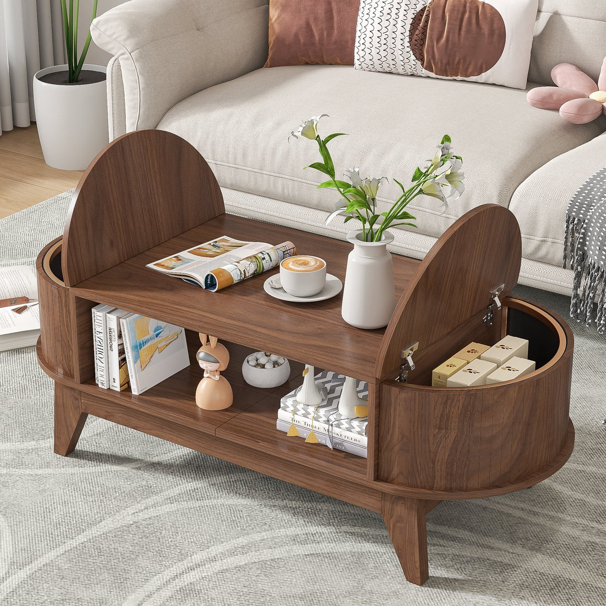 2026 NewFluted Coffee Table with Storage, Modern Coffee Tables, Wood Accent Center Table