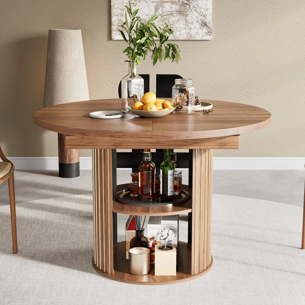 2026 NewExtendable Dining Table for 4-6, Round Kitchen Table with Storage Shelf, Oval Dining Tables for Living Room (Walnut)