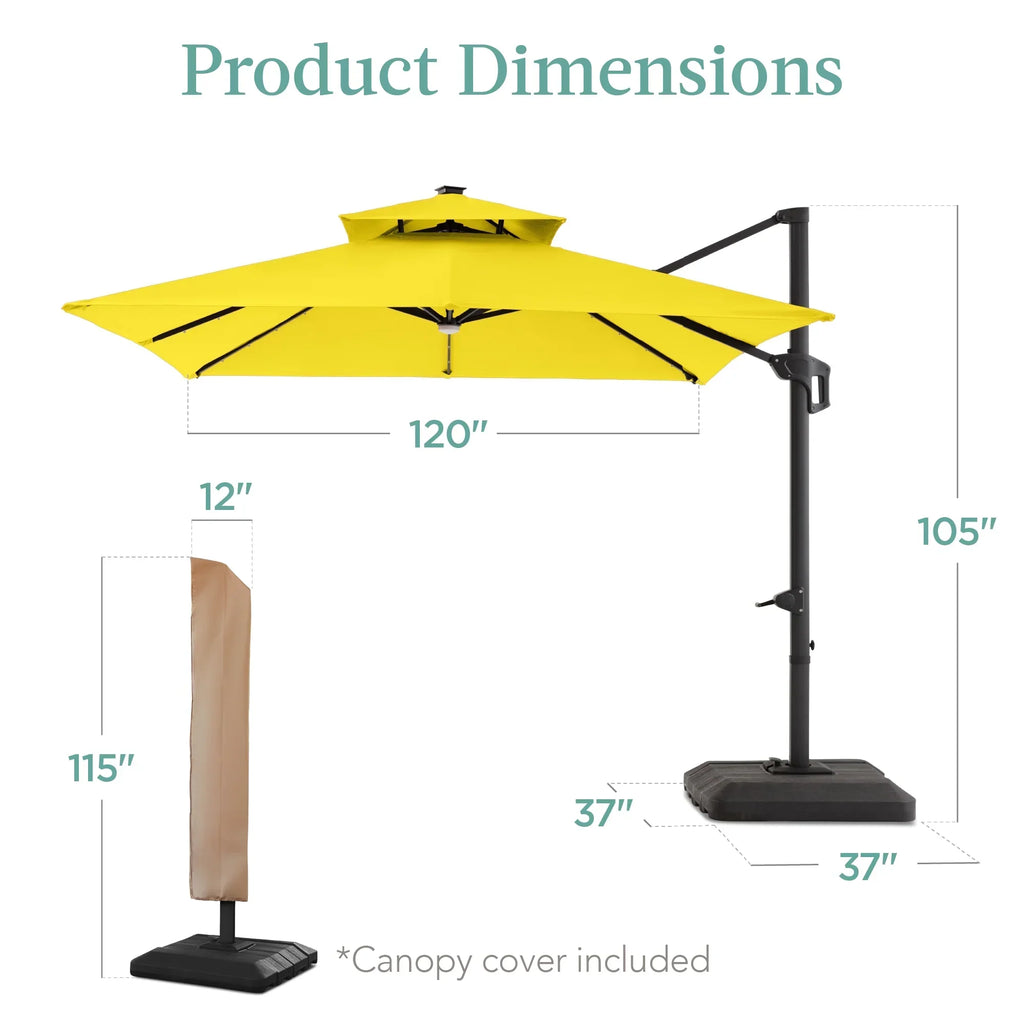 2026 NewBest Choice Products 10x10ft 2-Tier Square Outdoor Solar LED Cantilever Patio Umbrella w/ Base Included - Tan
