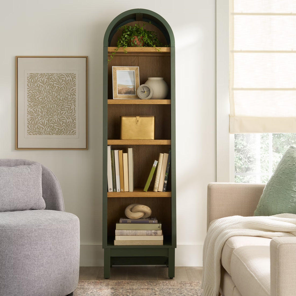 2026 NewBetter Homes & Gardens Juliet Narrow Arch Bookcase, Deep Green and Light Honey