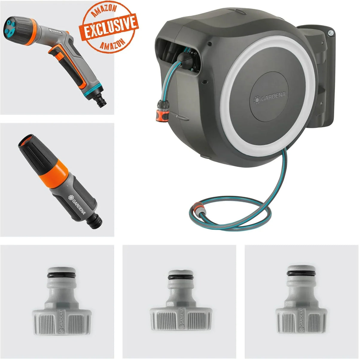 2026 Enrollador de manguera de pared Gardena Rollup L (blanco) de 30 m con 1 aspersor Comfort Multi-Sprinkler, guía de manguera integrada, manguera de calidad de 30 m y soporte de montaje auxiliar (18627-38)