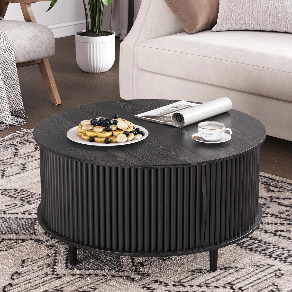 2026 NewJOINICE Round Coffee Table with Storage and Sliding Door,Mid Century Modern Wooden Center Table,for Living Room,Walnut
