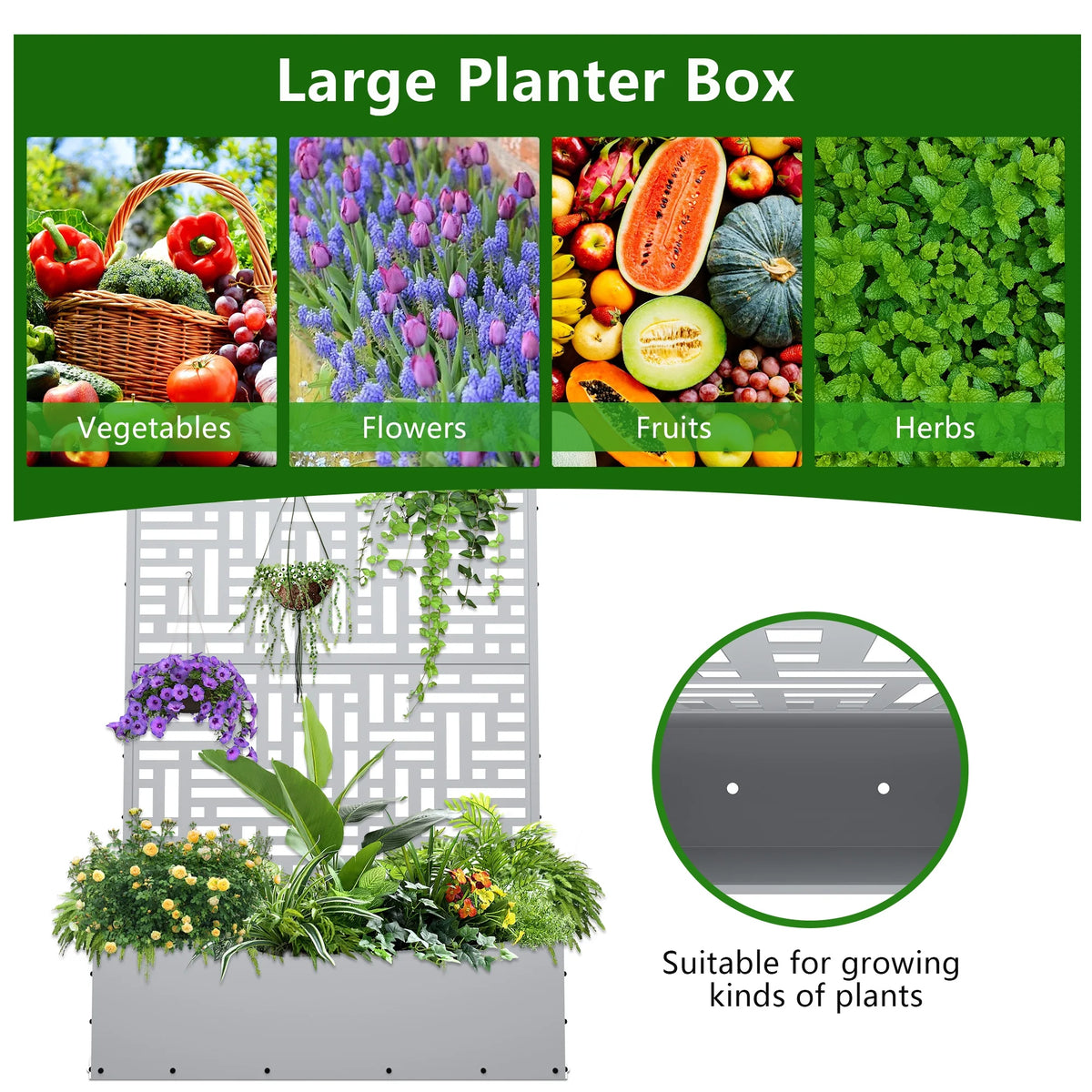 2026 Macetero metálico FOOWIN de 180 cm de alto con enrejado, jardinera elevada para exteriores para plantas trepadoras, jardinera con enrejado y orificio de drenaje, color negro.