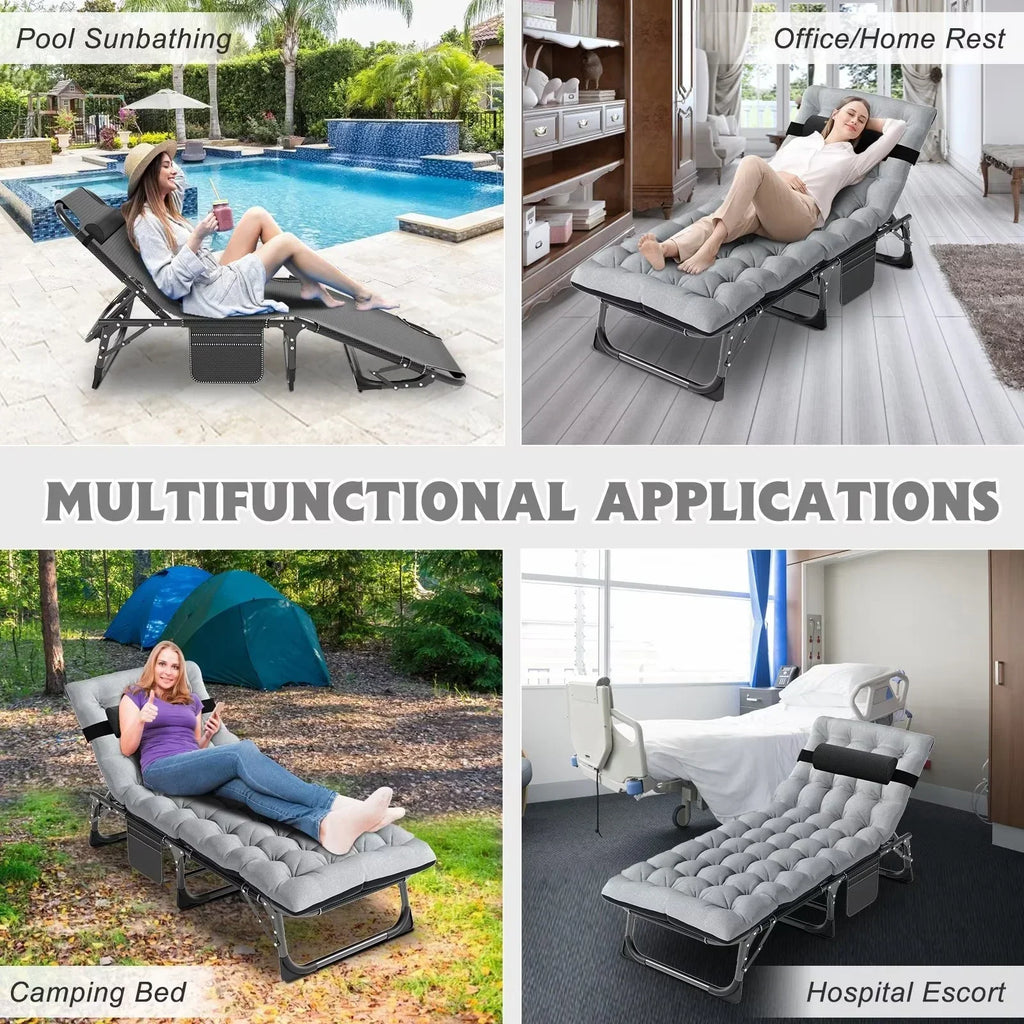 2026 NewMOPHOTO Lounge Chair with Mattress, Outdoor Chaise Lounge Support 440 Lbs, Adjustable Portable Heavy Duty Sleeping Cots Bed for Camping, Pool, Beach, Patio