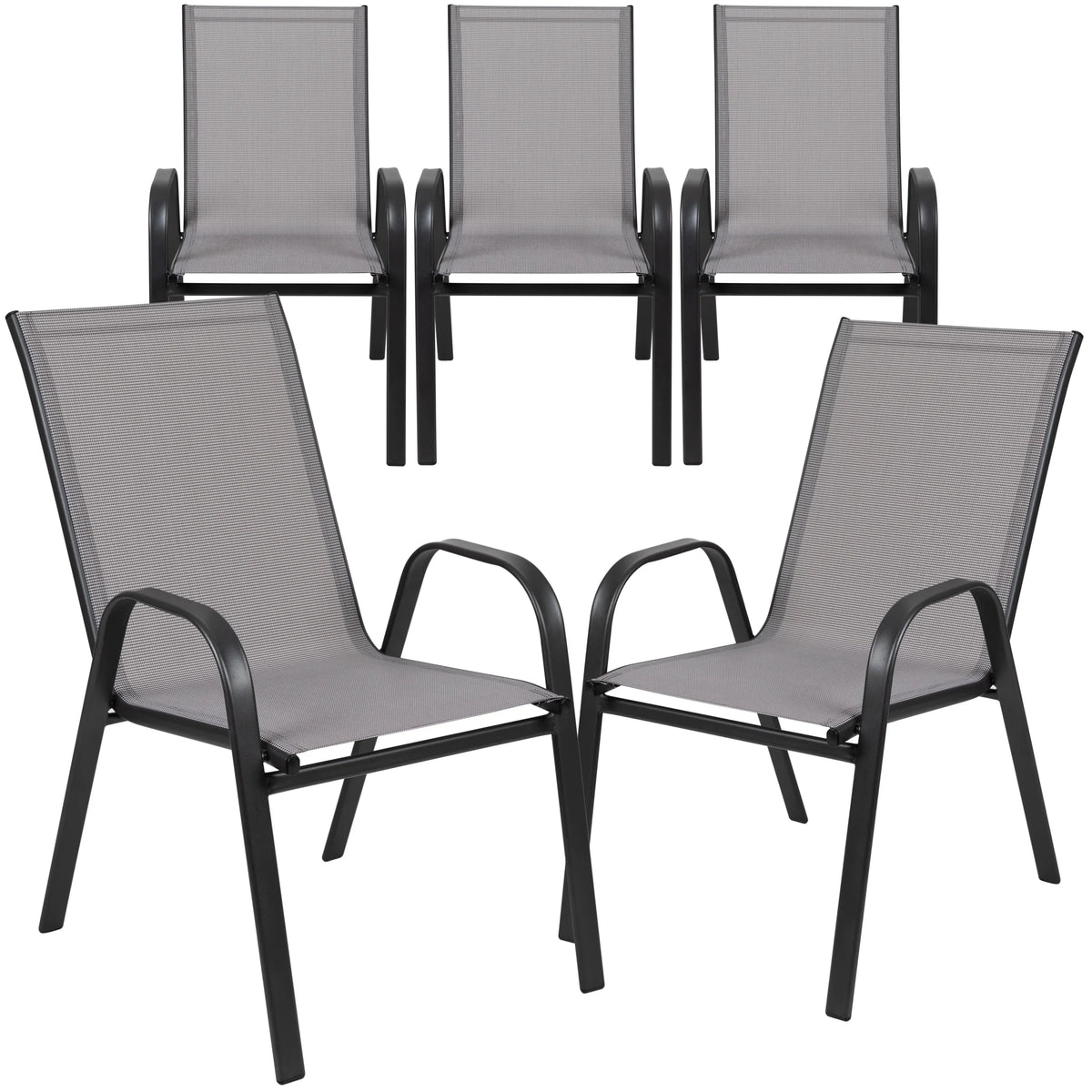 2026 NewBizChair 5 Pack Black Outdoor Stack Chair with Flex Comfort Material and Metal Frame