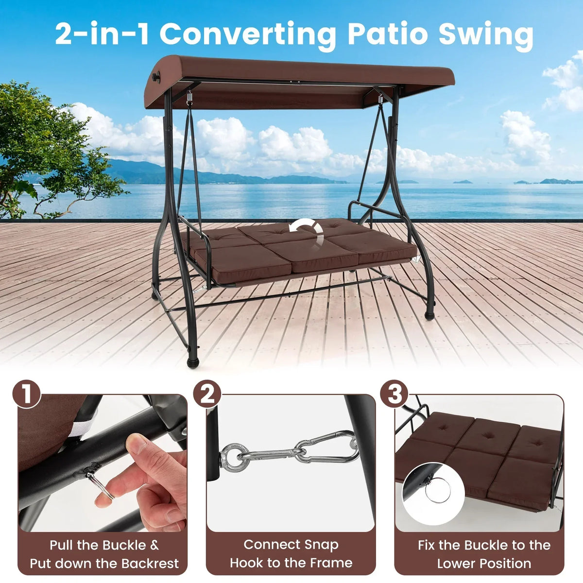 2026 NewCostway 3-Seat Outdoor Converting Patio Swing Glider Adjustable Canopy Porch Swing Black
