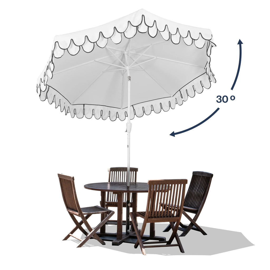2026 NewJONATHAN Y Tracy 9 ft. Market Patio Umbrella, Classic Mid-Century Scalloped Fringe, with Auto-Tilt Crank, Wind Vent and UV Protection, Coral Pink/White, Dark Brown Pole
