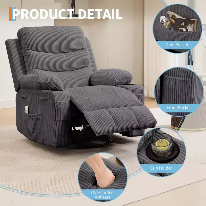 2026 Sillón reclinable mecedora giratorio 360° extragrande con masaje y calor, portavasos y bolsillos