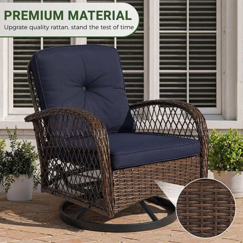2026 New3 Piece Patio Swivel Rocker Chairs Set, 2 360-Degree Swivel Rocking Chairs with 1 Glass Top Table, PE Rattan Outdoor Bistro Set with Cushions for Balcony Deck Poolside Backyard Porch