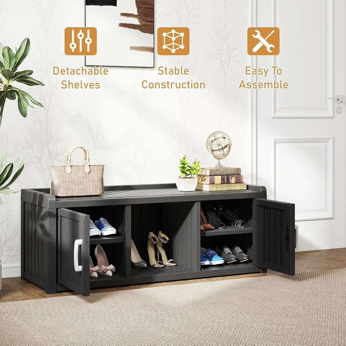 2026 NewKAMABOKO Outdoor Shoe Storage Cabinet, Waterproof UV-Resistant Entryway Storage Bench Indoor Outdoor with 2 Barn Doors, Adjustable Shelves for Entryway, Bedroom, Hallway,Living Room(Black)