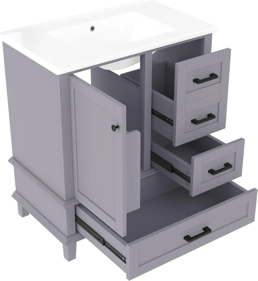 2026 Armario de Baño Lcoho 76 x 46 x 83,5 cm con Lavabo, Lacado Completo, Estantería para Puerta, Tres Cajones Silenciosos, Lavabo de Cerámica Integrado (Gris)