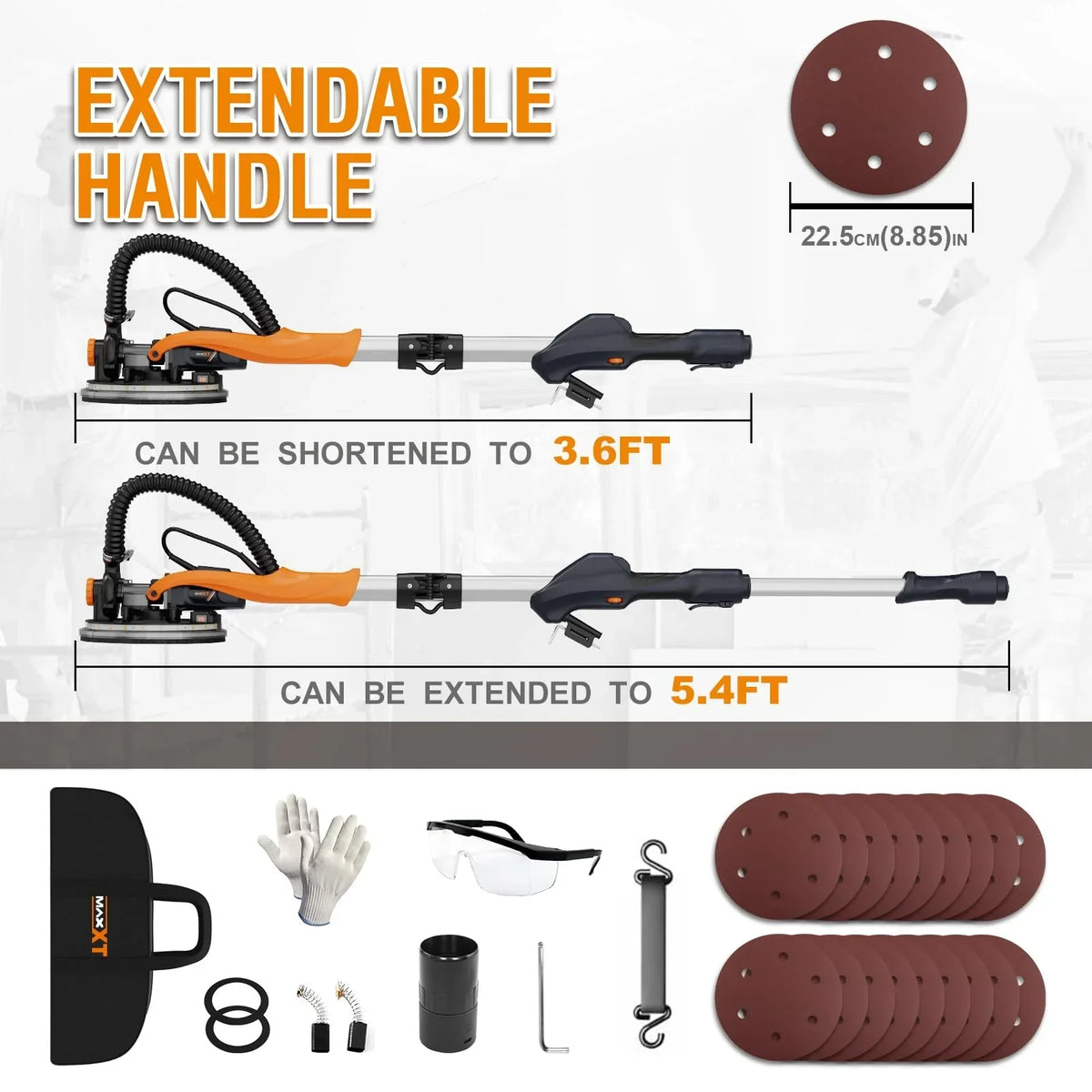 2026 NewPOVANLI 780W Electric Drywall Sander with Vacuum Dust Collection, 6.5A Motor Dustless Floor Sander with Variable Speed 900-1800RPM, LED Light, Extendable & Foldable Handle Yellow+Black