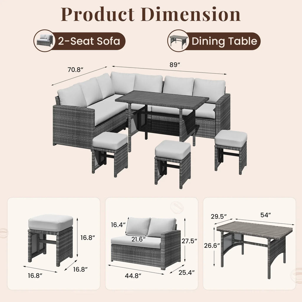 2026 NewAECOJOY 7 Piece Patio Furniture Set PE Rattan Outdoor Dining Set Sectional Sofa Couch with Table Patio Conversation Set in Gray