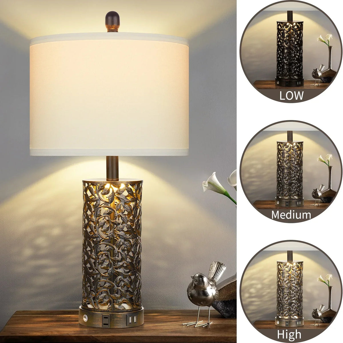 2026 NewCinkeda Table Lamp Set of 2 for Living Room Bedroom with USB Ports AC Outlet 3 Way Dimmable Touch Nightlight Farmhouse White Floral Nightstand Bedside Lamps
