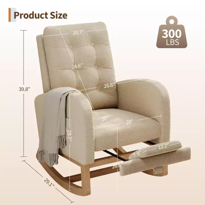 2026 Sillón mecedora deslizante tapizado con bolsillo lateral, estructura de madera, 1 plaza