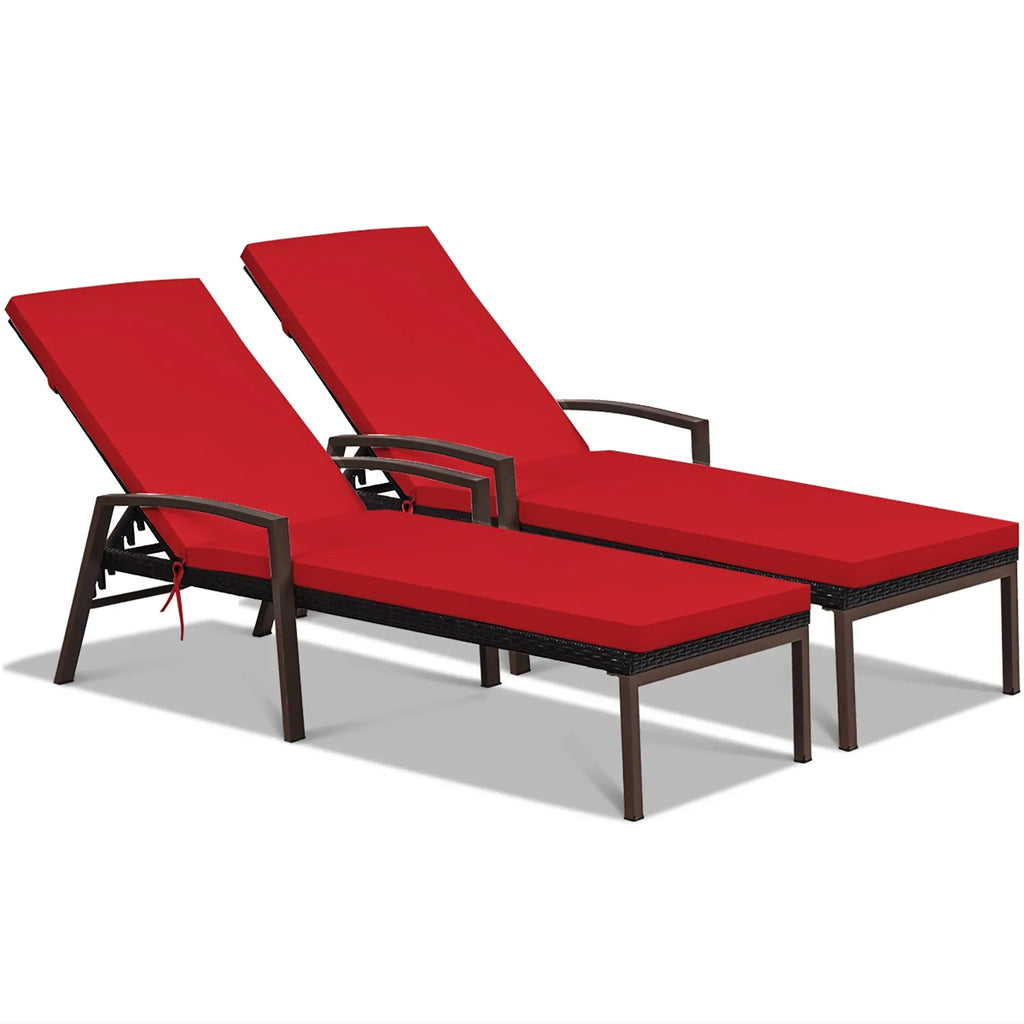 2026 NewCostway 2PCS Patio Rattan Lounge Chair Chaise Recliner Back Adjustable Cushioned Red