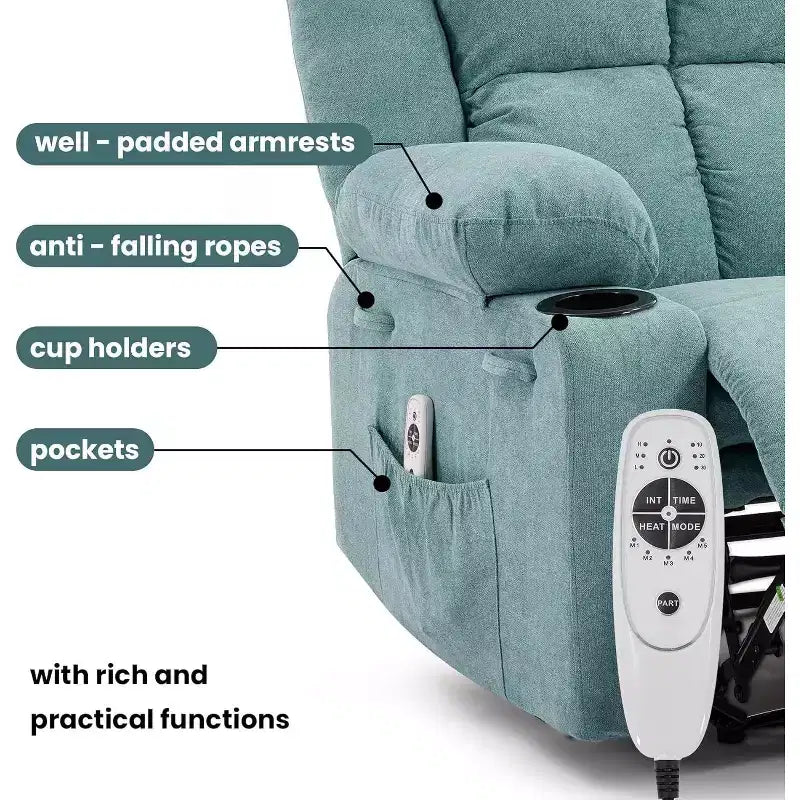 2026 Sillón reclinable manual con masaje por vibración y calefacción lumbar, bolsillo lateral y portavasos