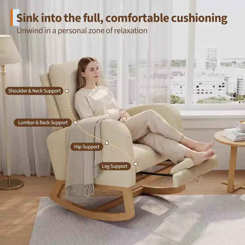 2026 Sillón mecedora deslizante tapizado con bolsillo lateral, estructura de madera, 1 plaza